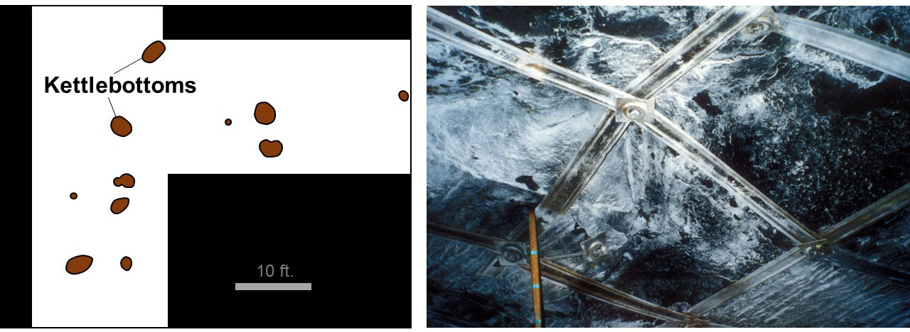 Map of kettlebottoms in an eastern Kentucky coal mine and photograph of large kettelbottom from the mine. Where one kettlebottom is detected, more are likely. 